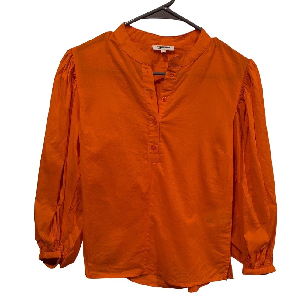 Etiqueta Negra Mujer Poplin Front Placket Cotton Blouse Size XS Orange